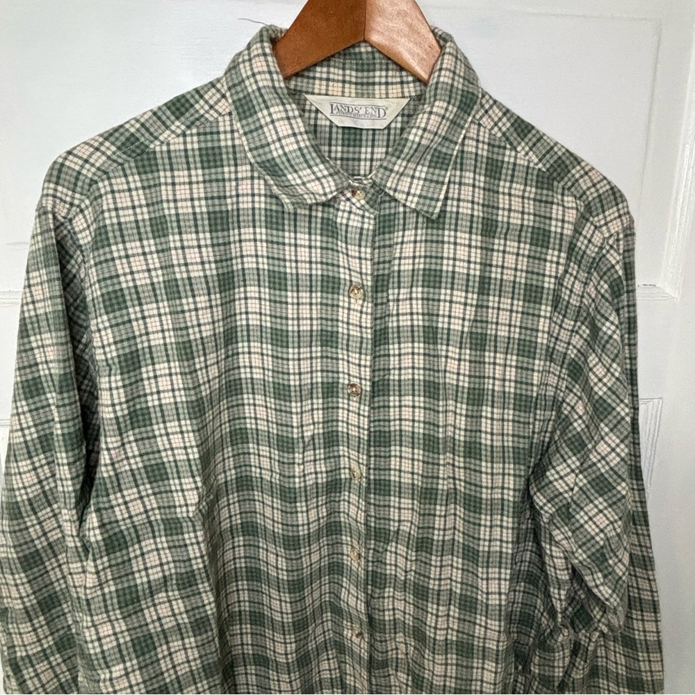Lands' End Forest Green and Cream Checkered Flannel Shirt